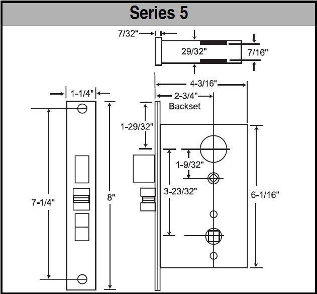 Marks USA 5 Series Mortise Lock Body Front 11/4" x 8" Backset 23/4"